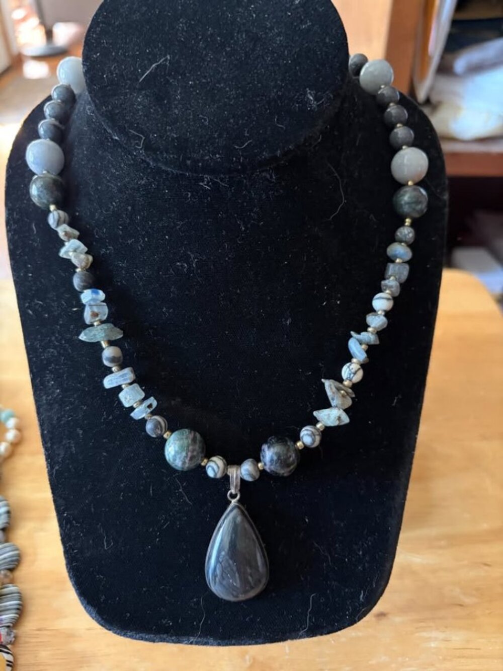 Handmade Mixed Stone Bead Necklace with Teardrop Pendant